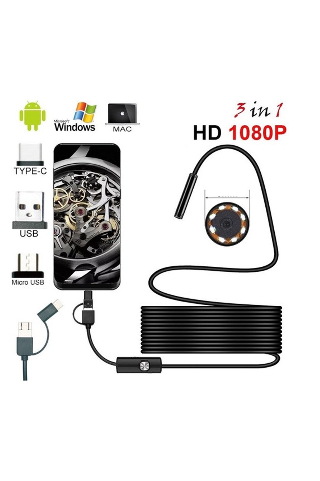 Endoskop 3 in 1 Yılan Kamera USB Micro Usb Type-C 20 Metre yumuşak Kablo