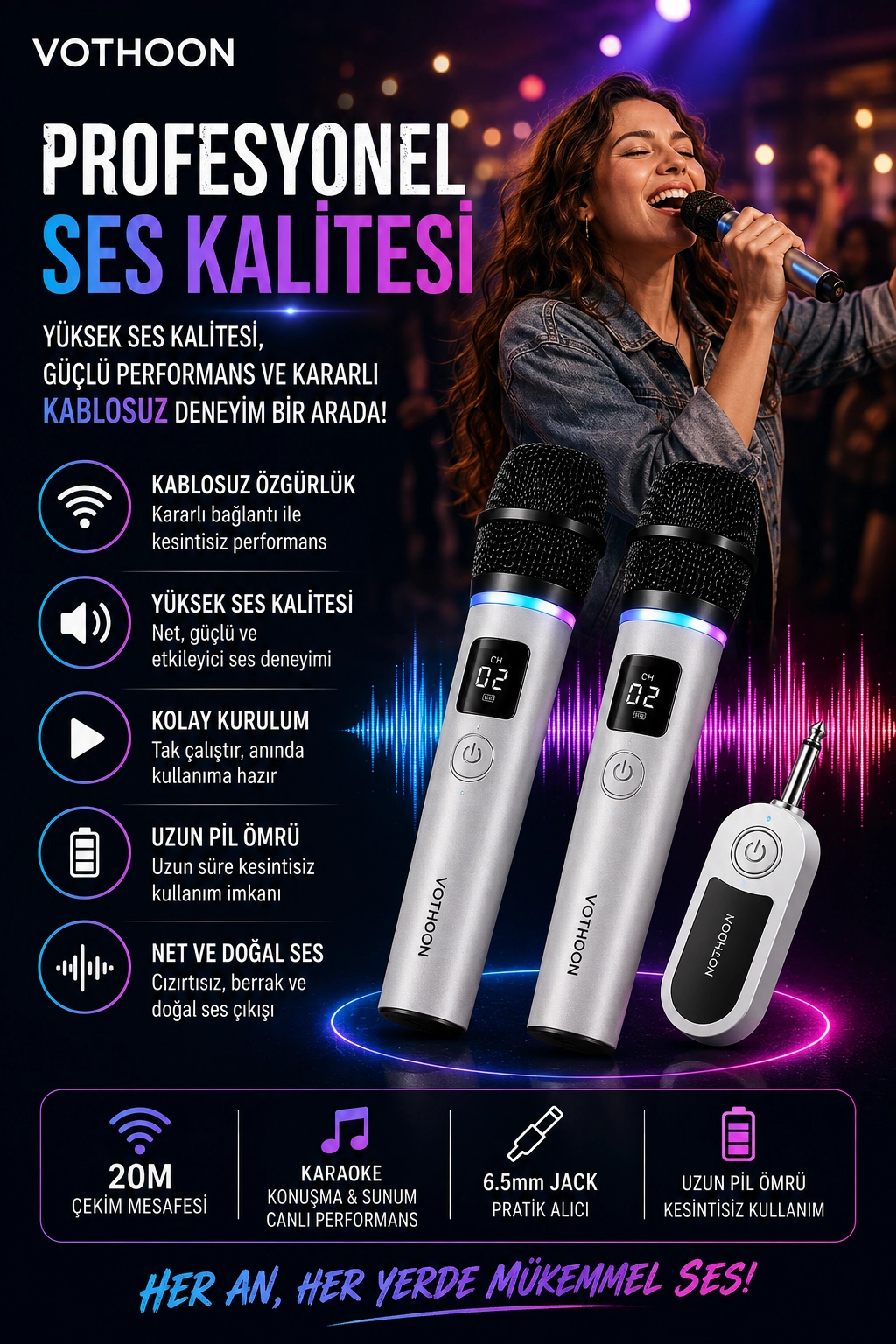 Kablosuz Karaoke Çift Mikrofon 6.5 mm Sahne Parti Düğün Aktivite Amfi Hoparlör