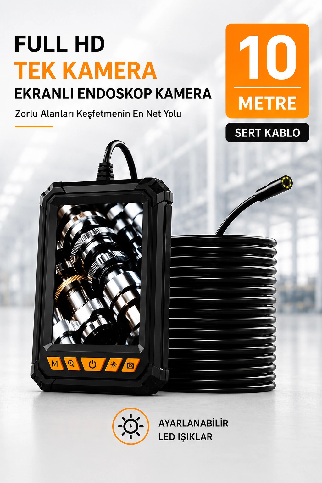 10 Metre Tek Kameralı Endoskop Kamera 1080P HD LED Aydınlatmalı Sert Kablolu Yeni