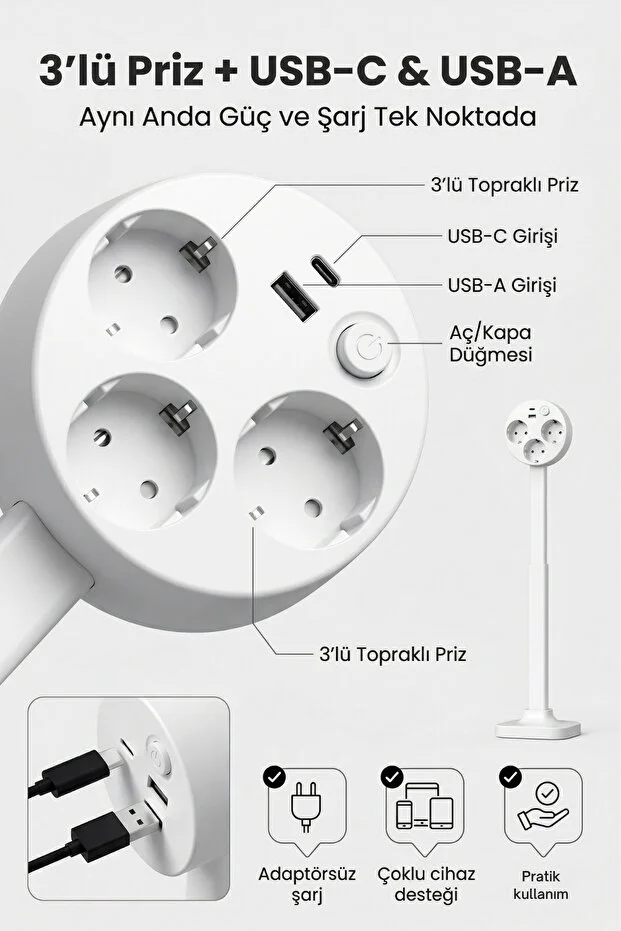 Teleskopik Çoklu Priz, 3’lü Topraklı + USB-C & USB-A, Yükseklik Ayarlı, Işıklı Anahtarlı Uzatma Priz