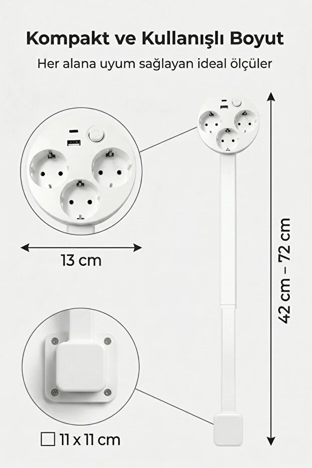 Teleskopik Çoklu Priz, 3’lü Topraklı + USB-C & USB-A, Yükseklik Ayarlı, Işıklı Anahtarlı Uzatma Priz