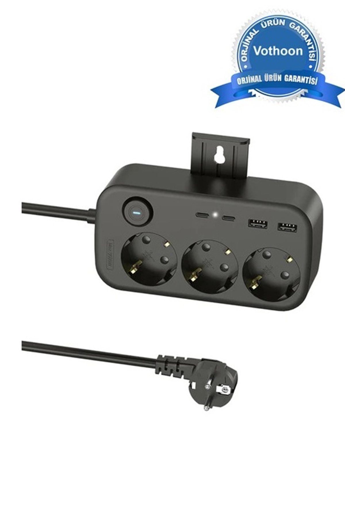 Akım Korumalı Priz 2 USB + 2 Type-C Girişli 2 Metre Kablosu Anahtarlı ve Duvara Monte Edilebilir