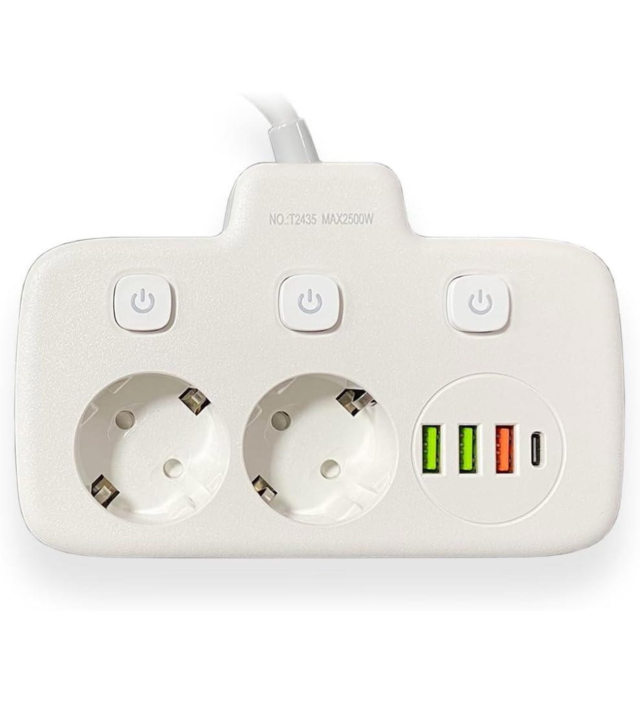 Akım Korumalı 2’li Ayrı Anahtarlı Priz, 2x Priz, 3x USB, 1x Type-C, 2 mt Kablo, Hızlı Şarj