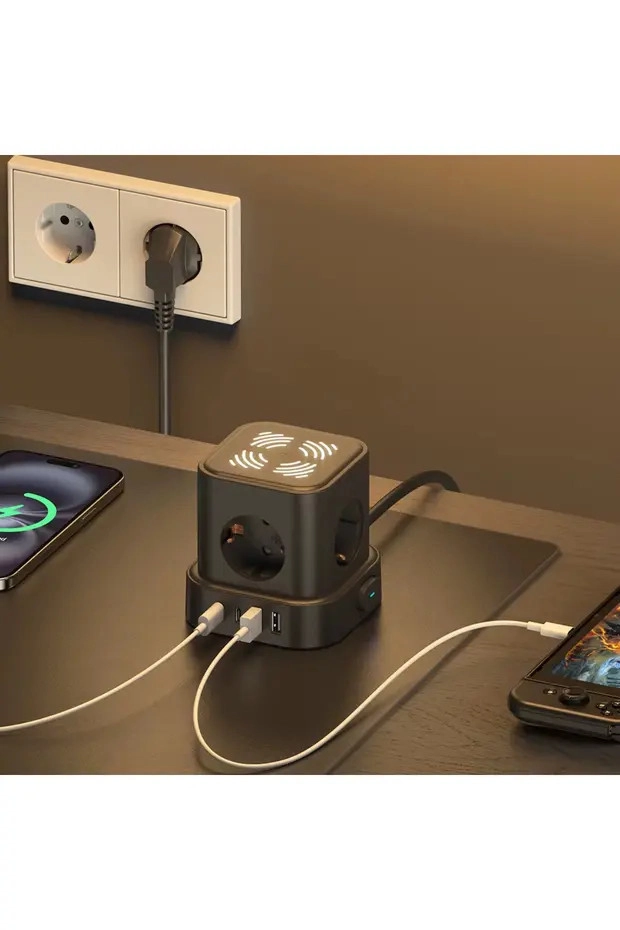 4lü Akım Korumalı Priz Gece Lambalı 2xUSB 2xType-C Çıkış Yüksek Gerilim Koruma Çoklu Priz Çoğaltıcı