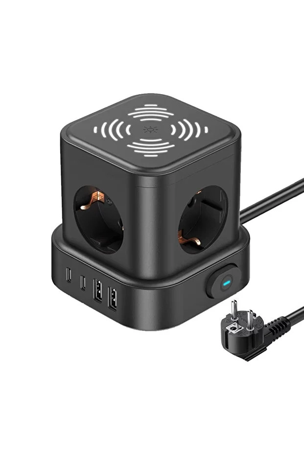 4lü Akım Korumalı Priz Gece Lambalı 2xUSB 2xType-C Çıkış Yüksek Gerilim Koruma Çoklu Priz Çoğaltıcı