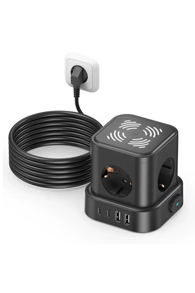4lü Akım Korumalı Priz Gece Lambalı 2xUSB 2xType-C Çıkış Yüksek Gerilim Koruma Çoklu Priz Çoğaltıcı