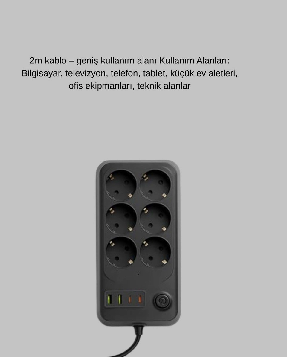 Akım Korumalı 6’Lı Priz 2xUSB 2xType-C Çıkış Yüksek Gerilim Koruma Çoklu Priz Çoğaltıcı