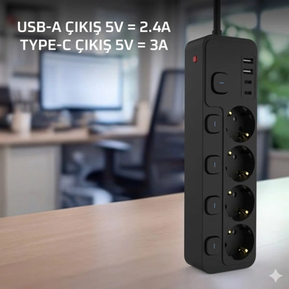 Akım Korumalı 4’lü Priz 2xUSB 2xType-C Çıkış Yüksek Gerilim Koruma Priz Çoğaltıcı