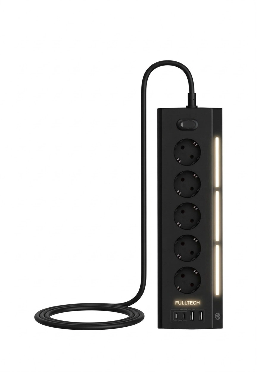 Akım Korumalı 5’li Priz 2xUSB 2xType-C Çıkış Dokunmatik Işıklı Akım Koruma Çoklu Priz Çoğaltıcı Siyah