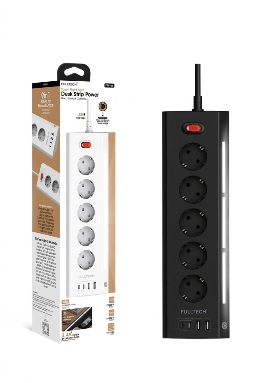 Akım Korumalı 5’li Priz 2xUSB 2xType-C Çıkış Dokunmatik Işıklı Akım Koruma Çoklu Priz Çoğaltıcı Siyah
