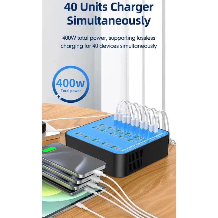 40 Portlu 400W Hızlı Şarj İstasyonu 20x USB + 20x Type-C PD Çıkışlı Şarj Cihazı