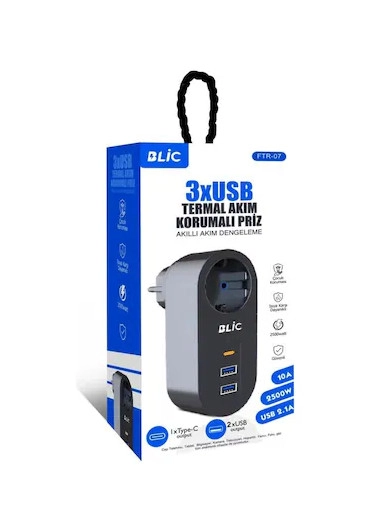 FTR-07 2xUSB 1xTypeC Termal Akım Korumalı Isıya Dayanıklı Tekli Priz