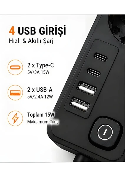 Akım Korumalı 5’li Priz 2xUSB 2xType-C Çıkış Akım Koruma Çoklu Priz Çoğaltıcı Anahtarlı FTR-31 Siyah
