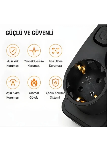 Akım Korumalı 5’li Priz 2xUSB 2xType-C Çıkış Akım Koruma Çoklu Priz Çoğaltıcı Anahtarlı FTR-31 Siyah