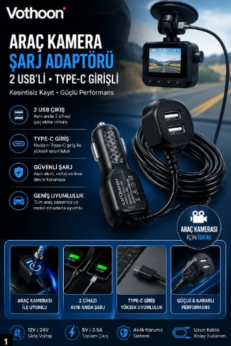 Araç Kamera Şarj Adaptörü 2 Usb’li Type-c Girişli 3.5 Metre Kablo Uzunluğu(Ürün Kamera Değildir)