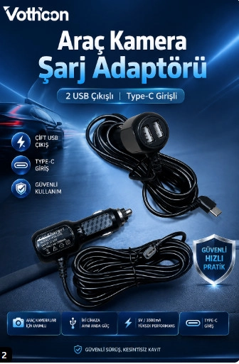 Araç Kamera Şarj Adaptörü 2 Usb’li Type-c Girişli 3.5 Metre Kablo Uzunluğu(Ürün Kamera Değildir)
