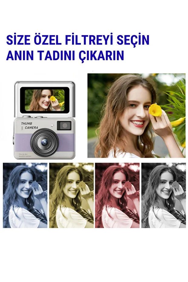 Retro Mini Dijital Kamera 1080P 1.47 İnç Flip Ekranlı Flaşlı Selfie Vlog Kamerası 4GB SD Hediyeli Mavi
