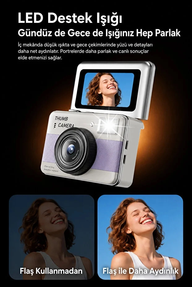 Retro Mini Dijital Kamera 1080P 1.47 İnç Flip Ekranlı Flaşlı Selfie Vlog Kamerası 4GB SD Hediyeli Siyah