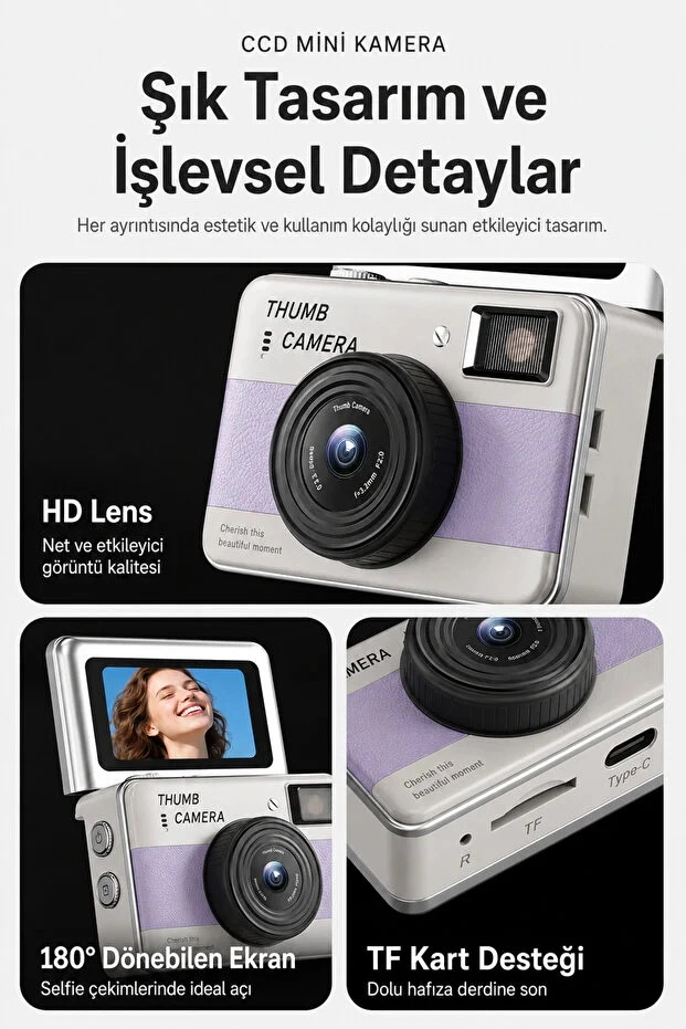 Retro Mini Dijital Kamera 1080P 1.47 İnç Flip Ekranlı Flaşlı Selfie Vlog Kamerası 4GB SD Hediyeli Yeşil