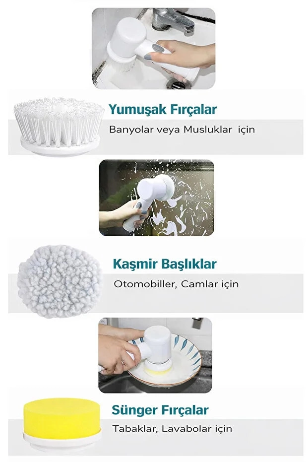 Şarjlı Elektrikli Temizlik Fırçası Mutfak Banyo Lavabo ve Küvet İçin Çok Amaçlı Döner Fırça