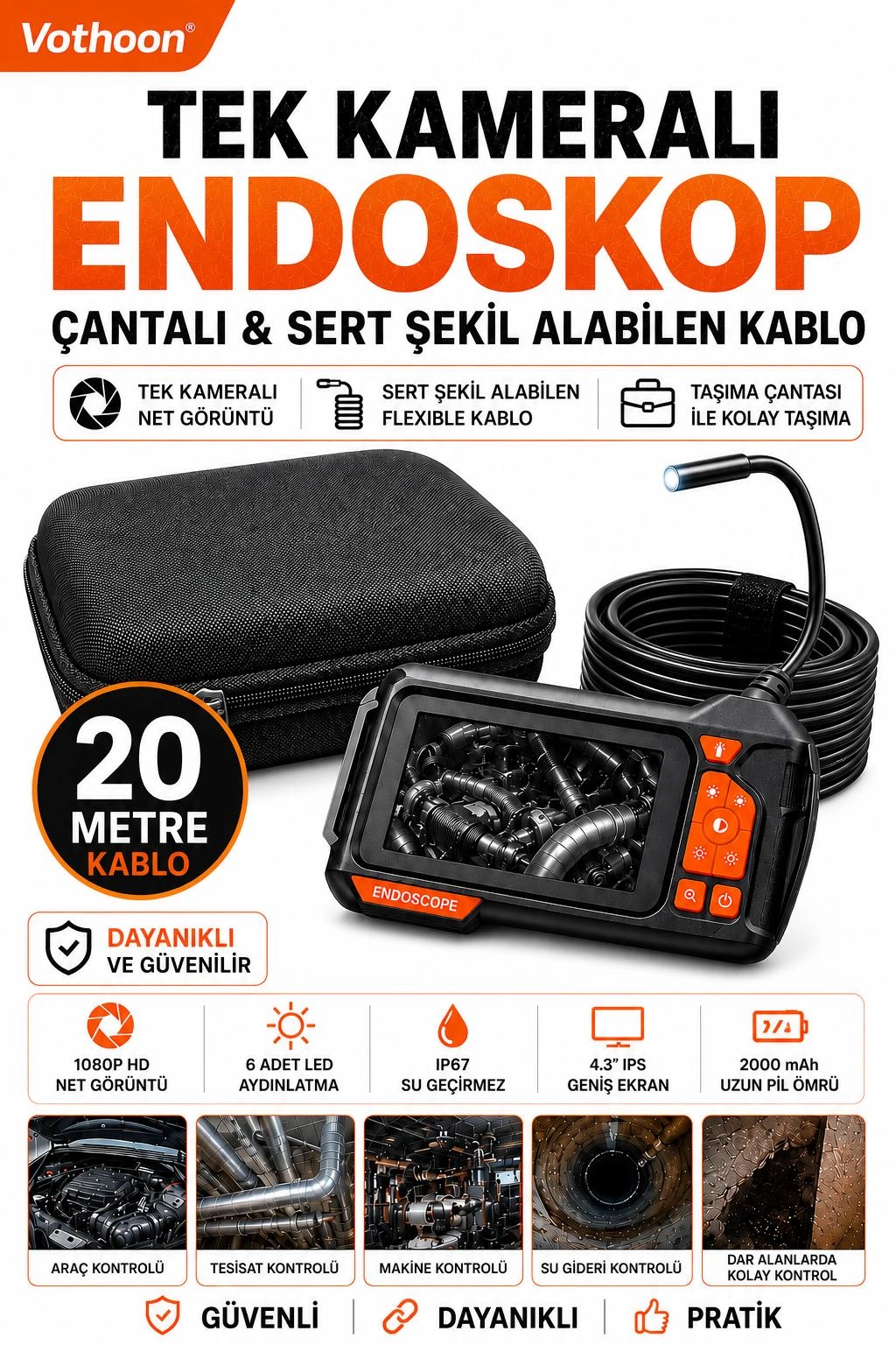 Ekranlı Tek kameralı 20 Mt Sert Kablo Yılan Endoskop Kamera 8 mm 4.3 ınc
