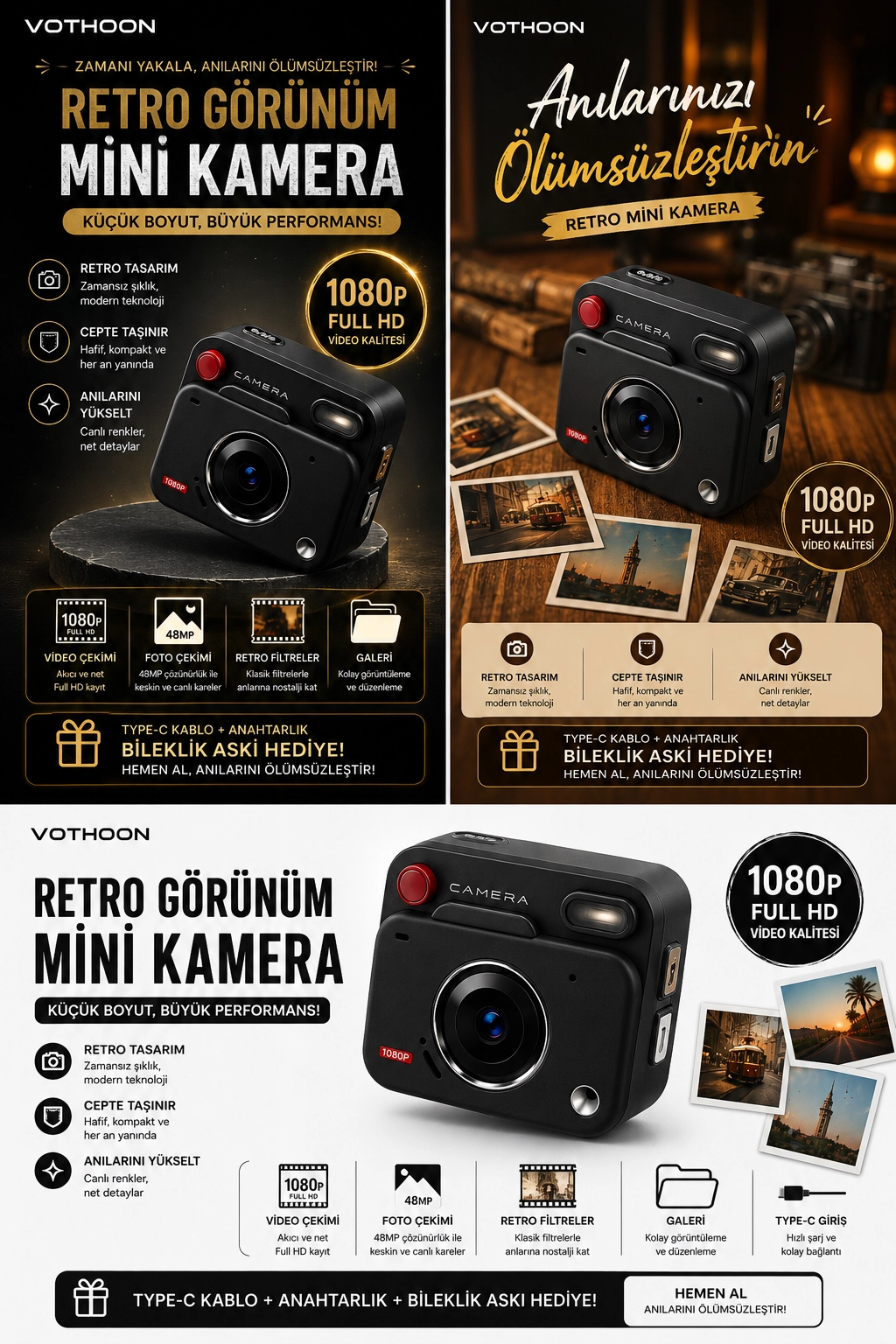 Nostaljik Tasarımı Retro Görünüm Kare Mini Foto Video Kamera 1080P Full HD 32GB Kart Hediyeli
