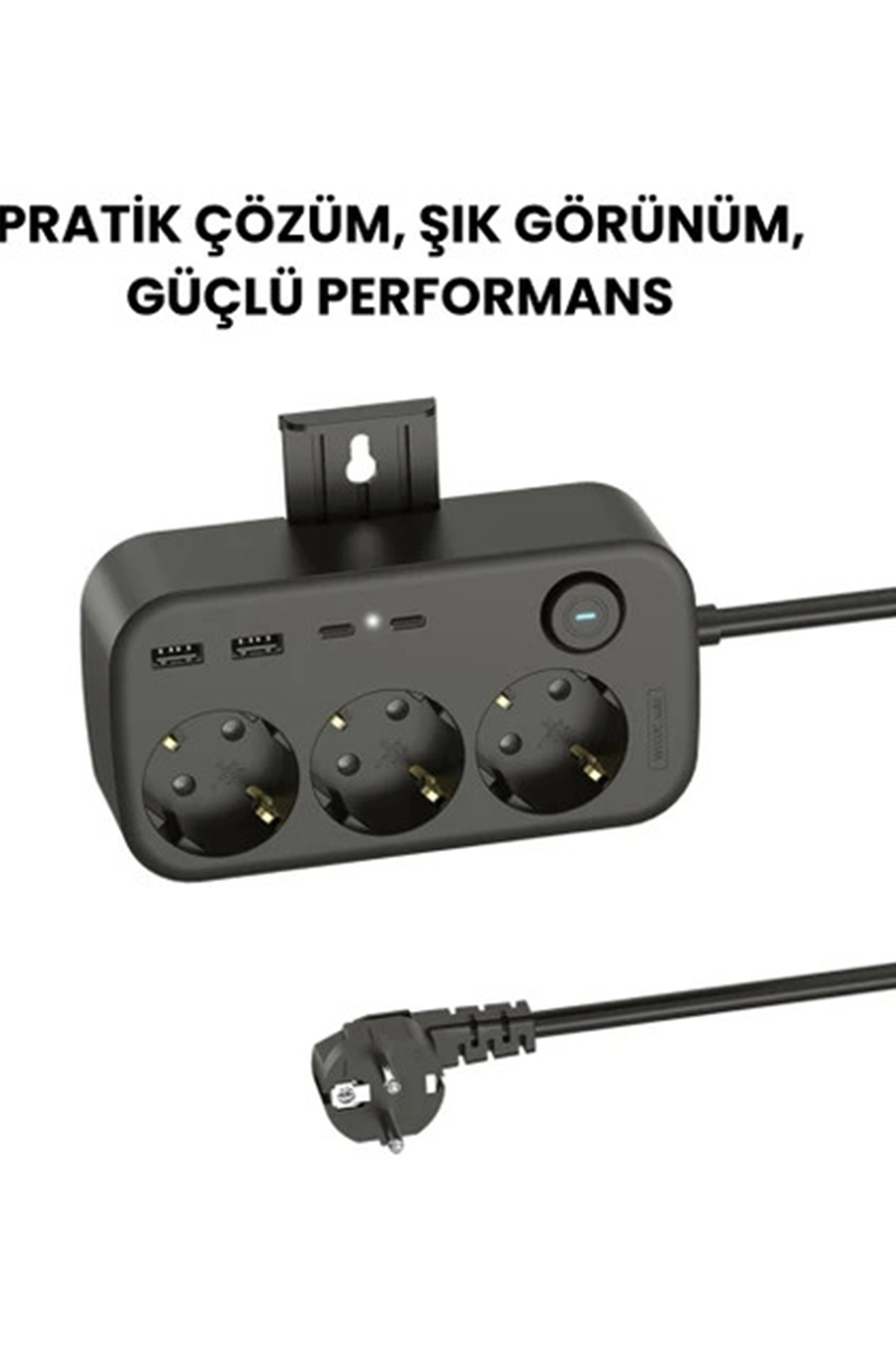 Akım Korumalı Priz 2 USB + 2 Type-C Girişli 2 Metre Kablosu Anahtarlı ve Duvara Monte Edilebilir