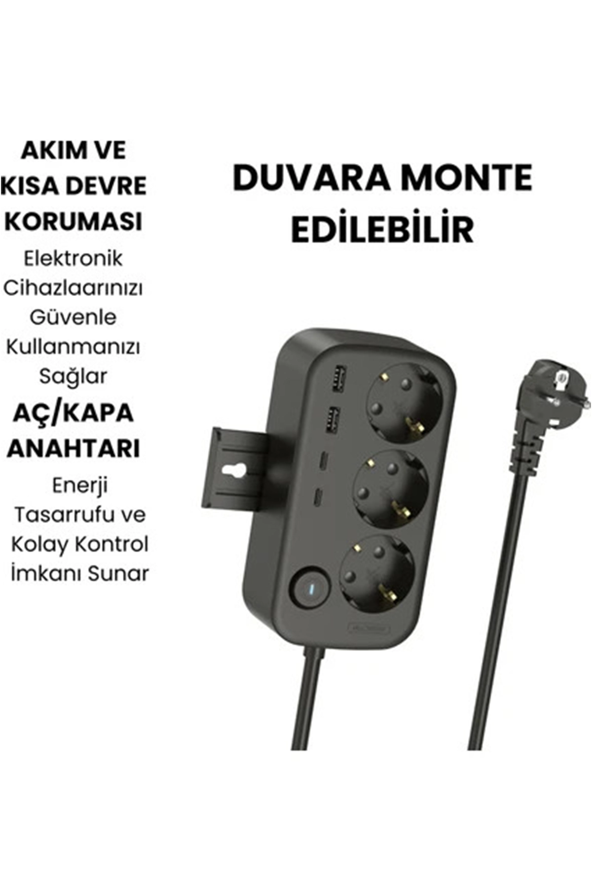 Akım Korumalı Priz 2 USB + 2 Type-C Girişli 2 Metre Kablosu Anahtarlı ve Duvara Monte Edilebilir