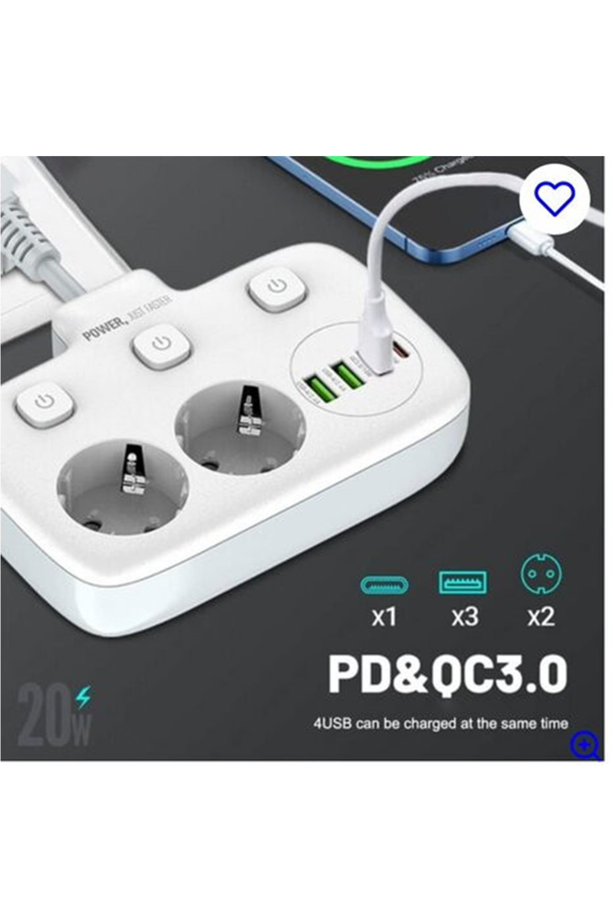 Akım Korumalı 2’li Ayrı Anahtarlı Priz, 2x Priz, 3x USB, 1x Type-C, 2 mt Kablo, Hızlı Şarj