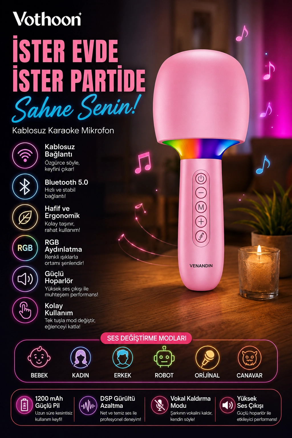 Çocuk ve Yetişkin Karaoke Mikrofonu Kablosuz RGB Ambiyans Işığı Ses Değiştirme Modlu Hoparlör