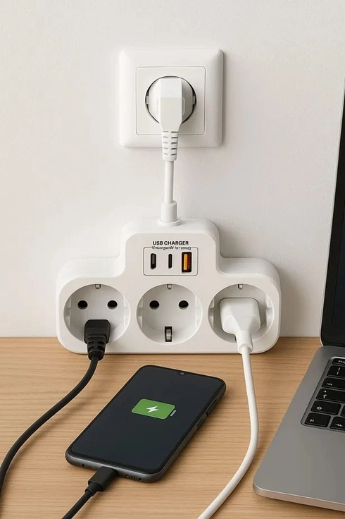 Çoklu Kablolu Priz Yüksek Gerilim Korumalı 3’LÜ Priz 1X USB 2X Type-C Çıkışlı Grup Priz Çoğaltıcı siyah 