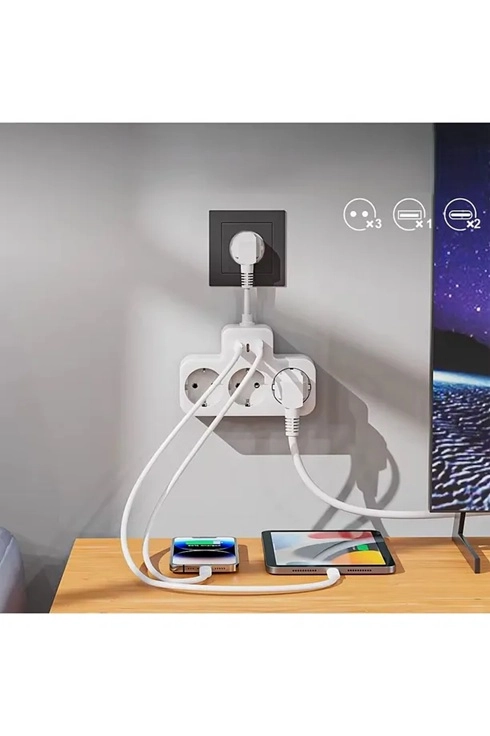 Çoklu Kablolu Priz Yüksek Gerilim Korumalı 3’LÜ Priz 1X USB 2X Type-C Çıkışlı Grup Priz Çoğaltıcı Beyaz