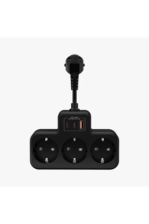Çoklu Kablolu Priz Yüksek Gerilim Korumalı 3’LÜ Priz 1X USB 2X Type-C Çıkışlı Grup Priz Çoğaltıcı siyah 