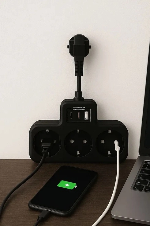 Çoklu Kablolu Priz Yüksek Gerilim Korumalı 3’LÜ Priz 1X USB 2X Type-C Çıkışlı Grup Priz Çoğaltıcı siyah 
