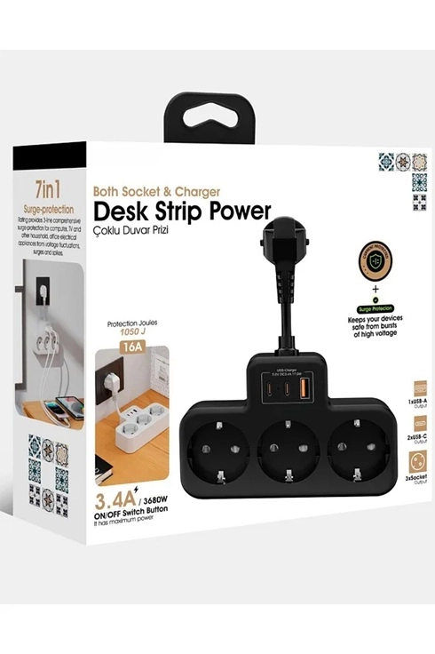 Çoklu Kablolu Priz Yüksek Gerilim Korumalı 3’LÜ Priz 1X USB 2X Type-C Çıkışlı Grup Priz Çoğaltıcı Beyaz