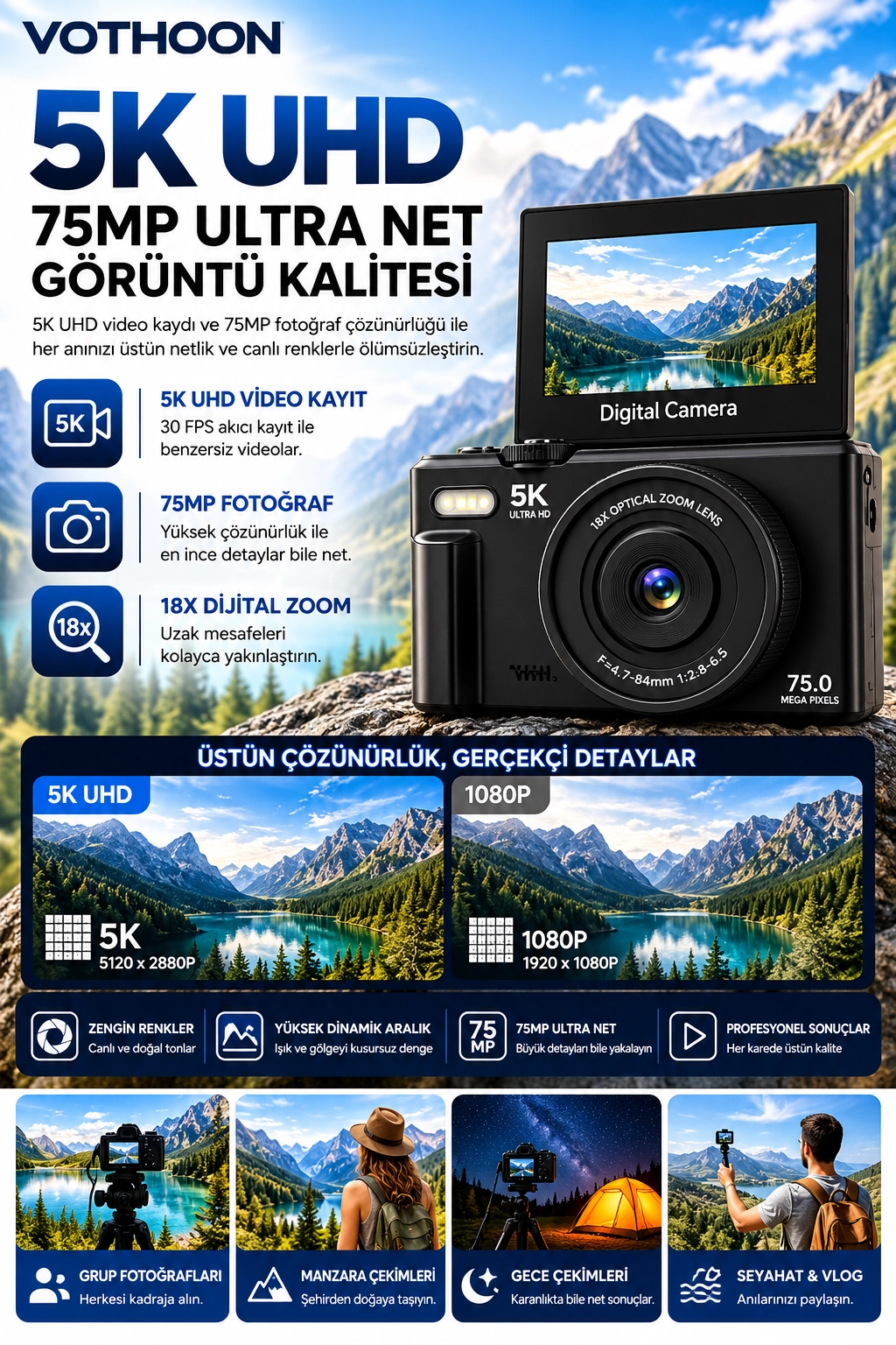 5K 75MP 18X Zoom Flaşlı 3” Flip Ekranlı Türkçe 32GB Kart Dijital Vlog Fotoğraf Makinesi Lens Hediyeli