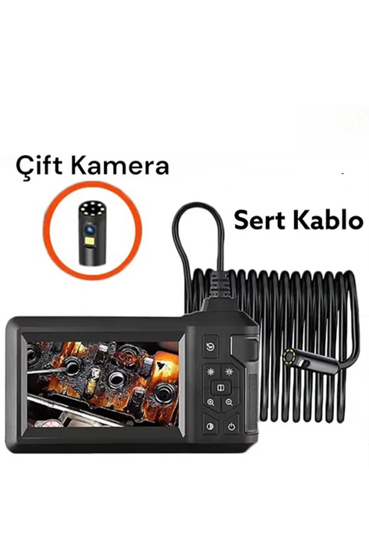 Ekranlı Üç kameralı Çantalı 10 Metre Sert Kablo Yılan Endoskop Kamera  Sd Kart Girişli 8 mm 4.3 ınc