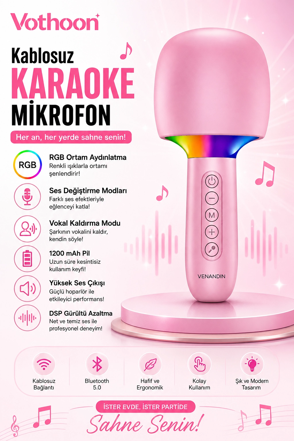 Çocuk ve Yetişkin Karaoke Mikrofonu Kablosuz RGB Ambiyans Işığı Ses Değiştirme Modlu Hoparlör