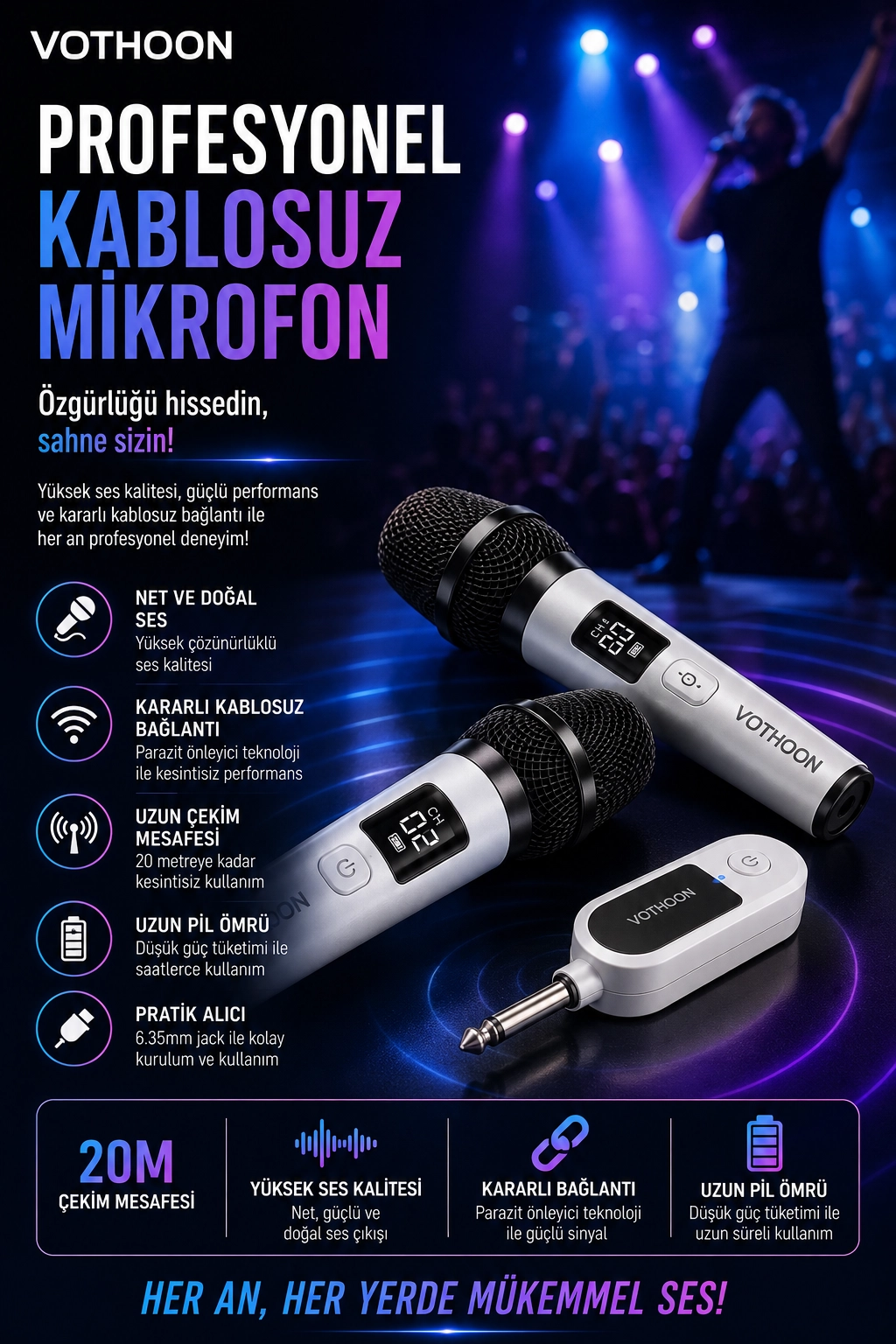 Kablosuz Karaoke Çift Mikrofon 6.5 mm Sahne Parti Düğün Aktivite Amfi Hoparlör