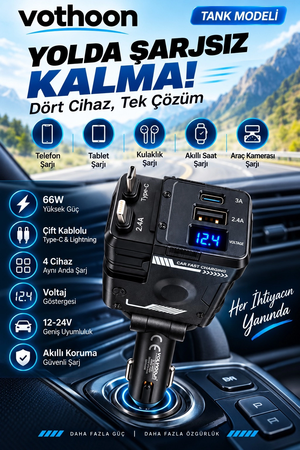 Tank Modeli 66W 4’ü 1 Arada Çift Kablolu Araç İçi Çakmaklık Hızlı Şarj Aleti Voltaj Göstergeli