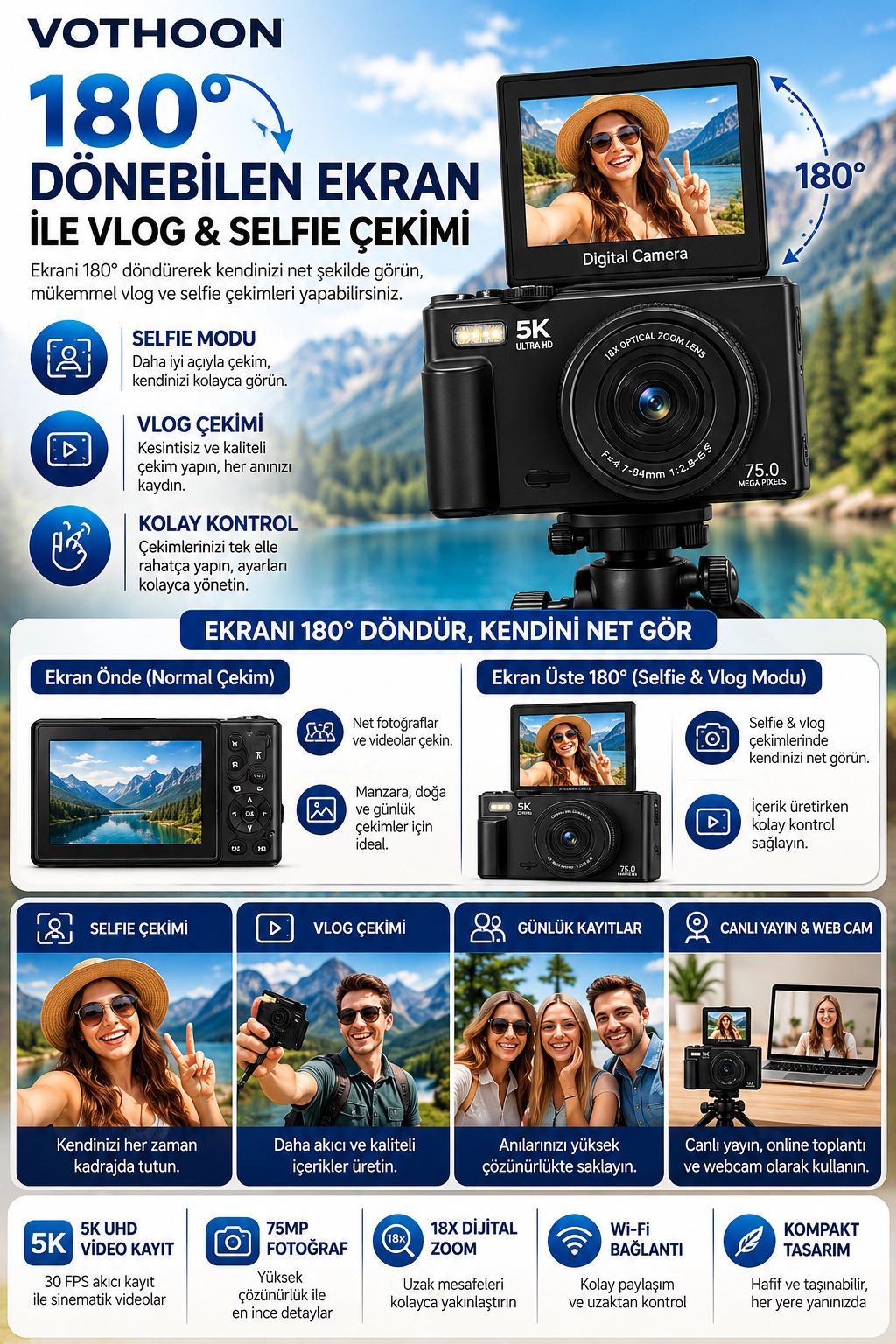 5K 75MP 18X Zoom Flaşlı 3” Flip Ekranlı Türkçe 32GB Kart Dijital Vlog Fotoğraf Makinesi Lens Hediyeli