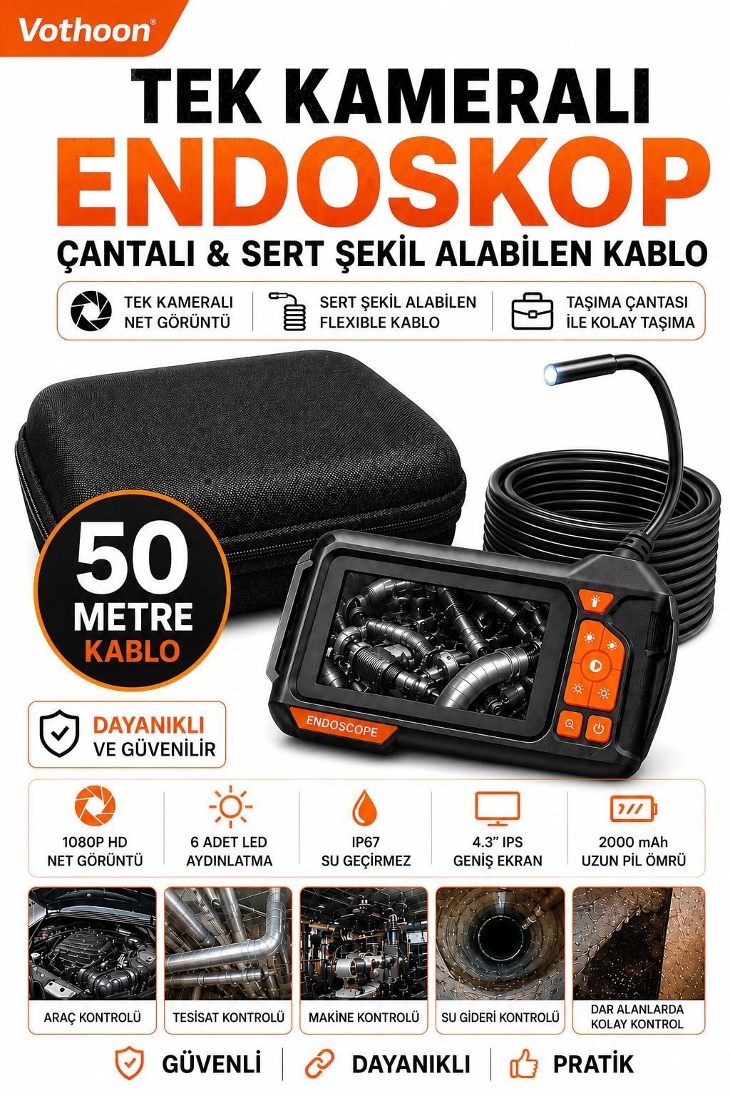 Ekranlı Tek kameralı 50 Mt Sert Kablo Yılan Endoskop Kamera 8 mm 4.3 ınc