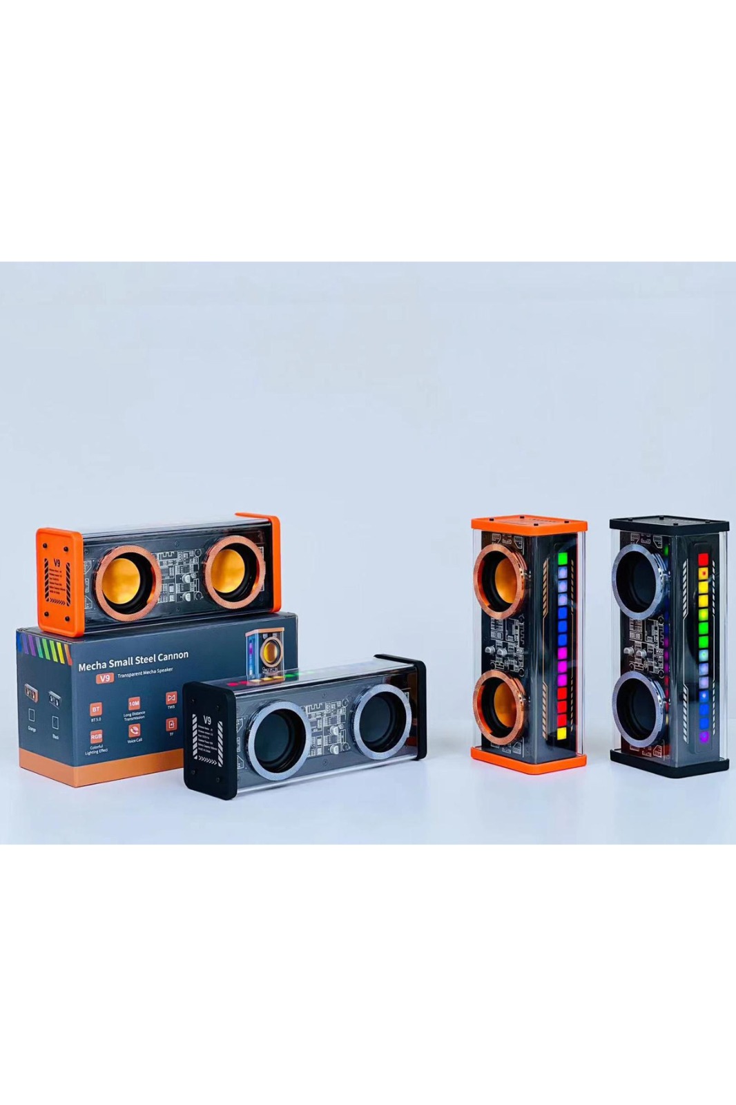 Şeffaf Mecha Müzik TWS Stereo RGB İşıklı Hoparlör Kablosuz Bluetooth 5.0 Taşınabilir Hoparlör V9