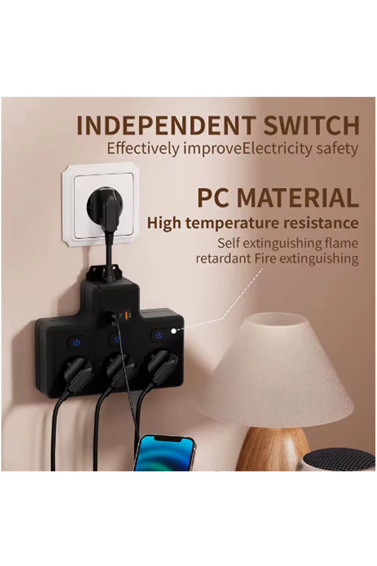 Termal Akım Korumalı 3’lü Duvar Tipi Priz 1x USB 2x Type-C Çıkışlı Grup Priz Çoğaltıcı (3500W)
