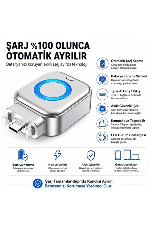 Akım Korumalı Type-C Akıllı Şarj Ayırıcı Otomatik Şarj Kesici Batarya Koruma Adaptörü Hızlı Şarj Destekli