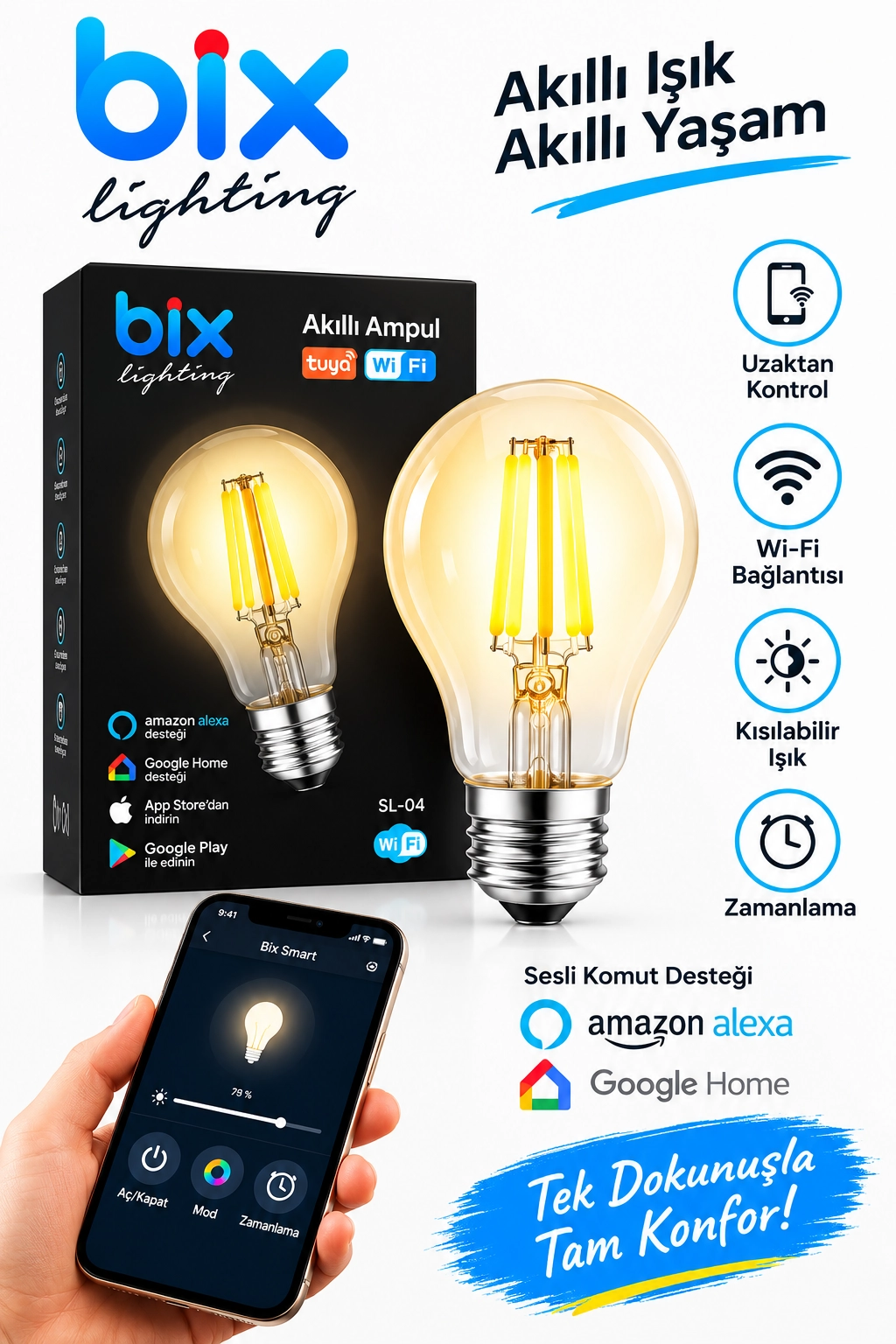 6W Daylight A+ Akıllı Ampul WiFi Uzaktan Kontrol Dim Edilebilir Alexa Google Uyumlu E27 Sarı