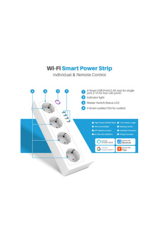 Vothoon Akım Korumalı Akıllı Priz Wifi Tuya Destekli Android ve Ios Destekli 4priz x 4usb