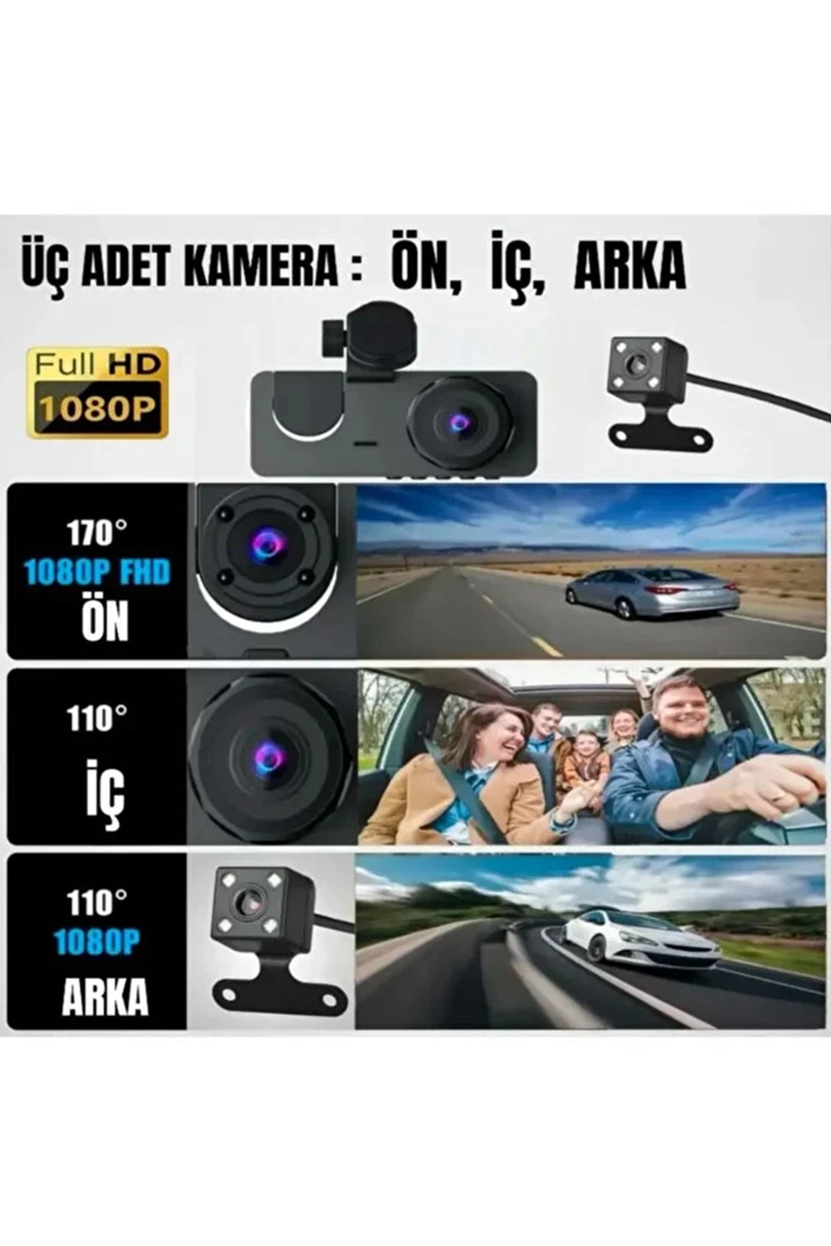 1080P Full HD Çözünürlüklü Üç Kameralı Araç İçi Kamera - Park ve Sürüş Güvenliği