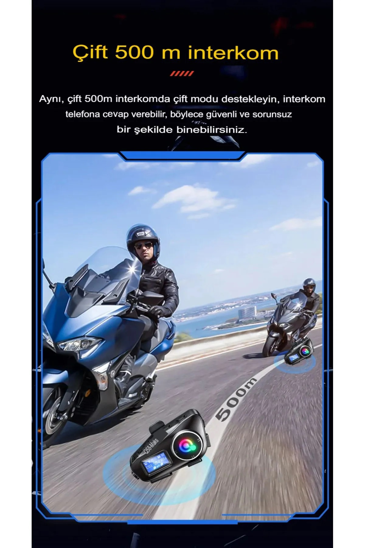 Q58-MAX Radyolu 2 Kişi Bağlantılı Bluetooth Kask Kulaklık Ekranlı Fenerli Müzik ve Telsiz Intercom