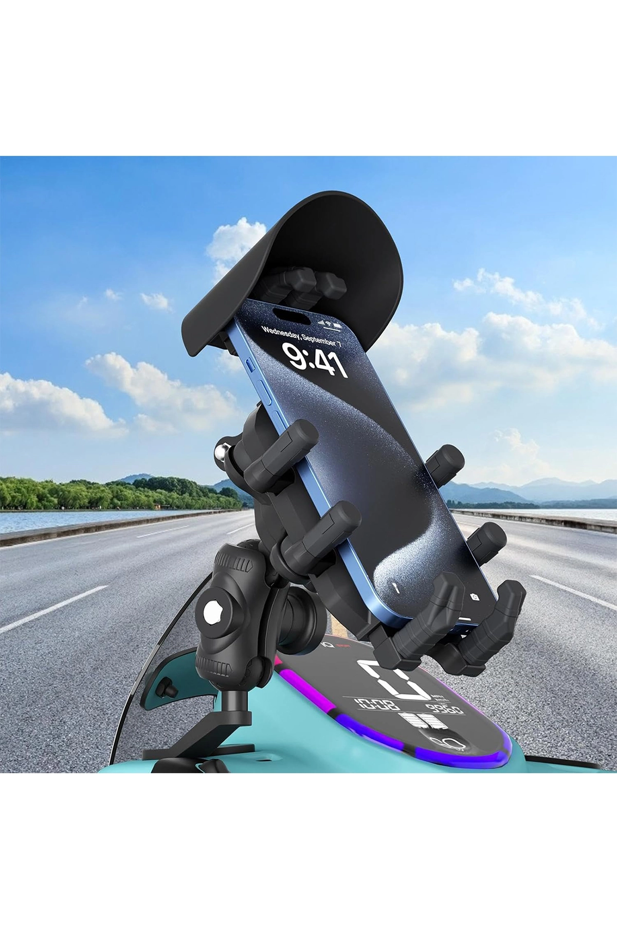 Ayna Bağlantılı Güneş ve Yağmur Korumalı 360° Derece Ayarlanabilir Motosiklet Telefon Tutucu